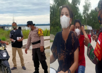 Babinsa, Bhabinkamtibmas Bersama Tim Posko PPKM Mikro Covid 19 Kelurahan Selisun Bagikan Masker Pada Pengguna Jalan.