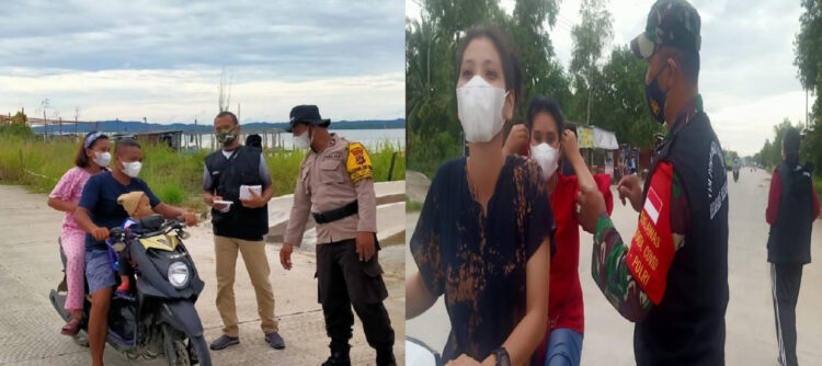 Babinsa, Bhabinkamtibmas Bersama Tim Posko PPKM Mikro Covid 19 Kelurahan Selisun Bagikan Masker Pada Pengguna Jalan.