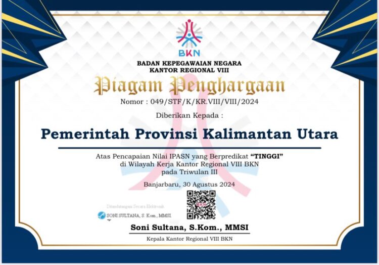 Kaltara Raih Penghargaan IPASN Tinggi, Gubernur Zainal Paliwang Apresiasi Kinerja ASN
